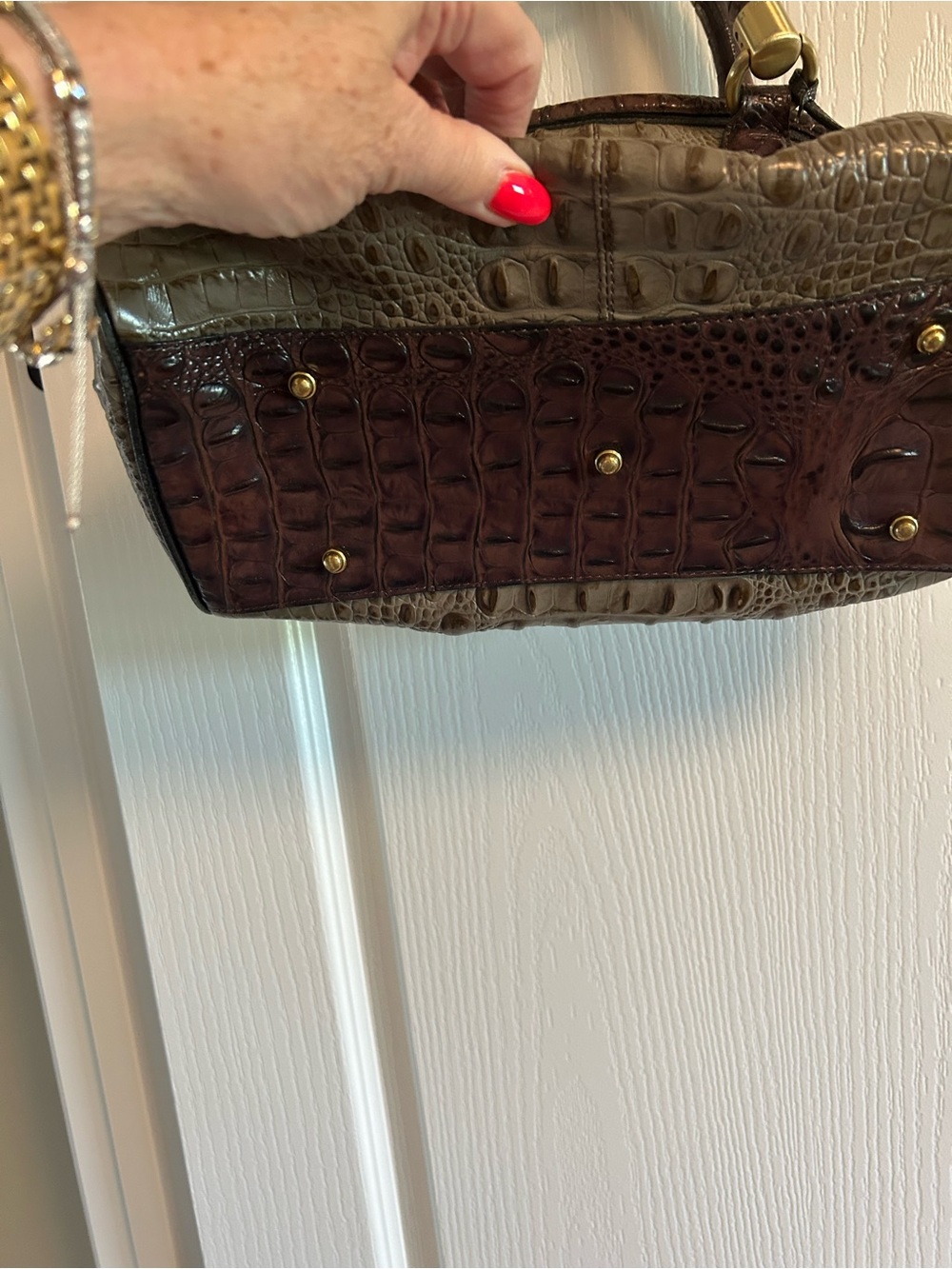 Brahmin Taupe Croc-Embossed Satchel with Dark Brown Trim - Picture 4 of 8